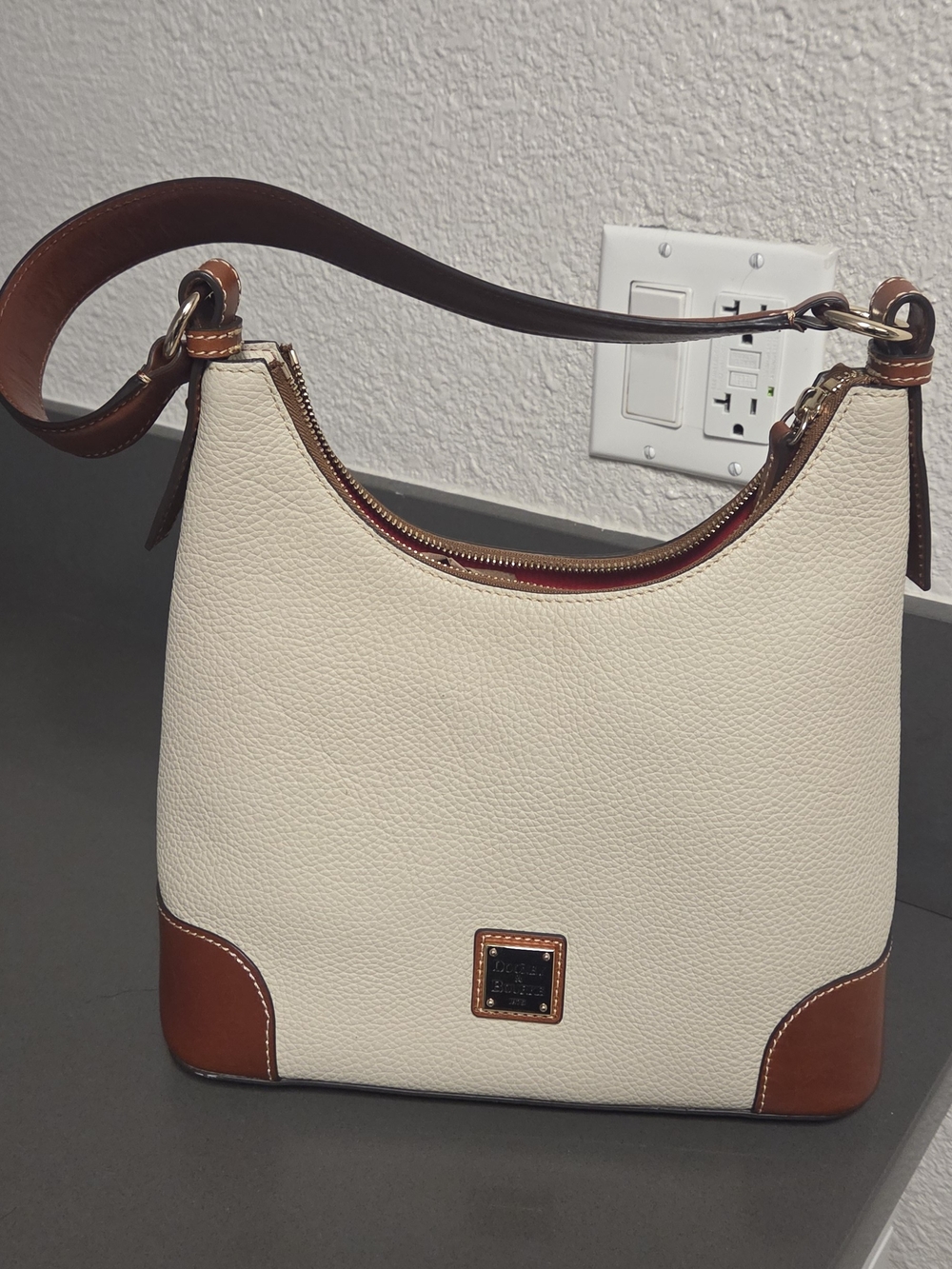 Dooney & Bourke Cream and Brown Pebbled Leather Shoulder Bag